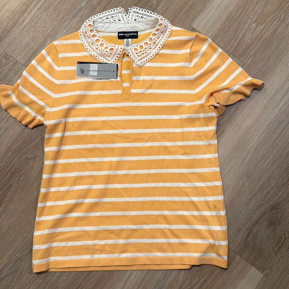 Karl Lagerfeld Yellow White Striped Lace Collared Top Sweater Large Short Sleeve